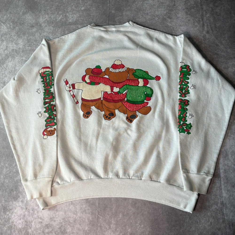 Vintage Cute Nostalgic  Christmas Bears Sweatshirt White XL Made in USA Holiday - Picture 3 of 7